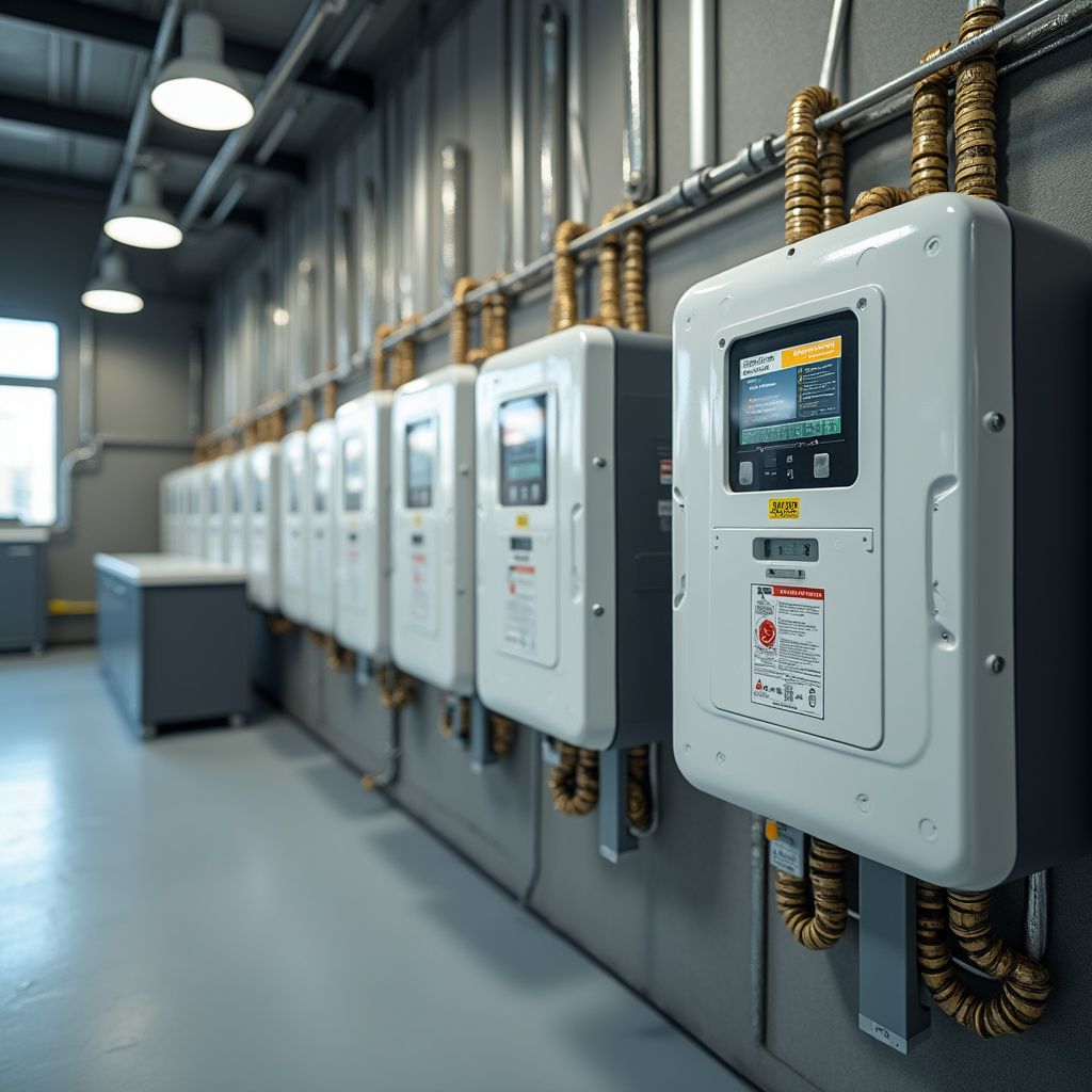 Row of white electrical control boxes with displays on a gray wall, connected by metal conduits.