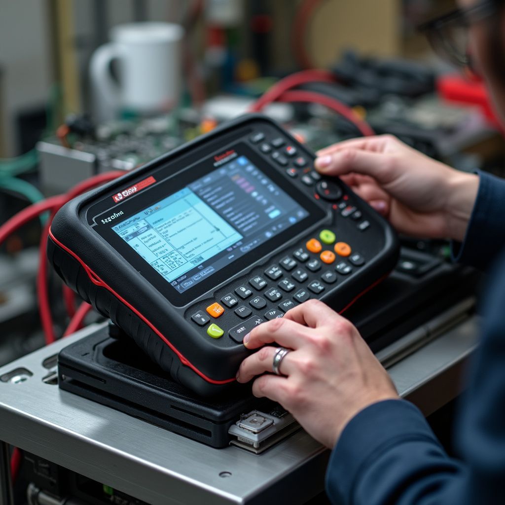 Person using a handheld testing device, likely in a lab, with a screen and keypad, resting on a metal surface.