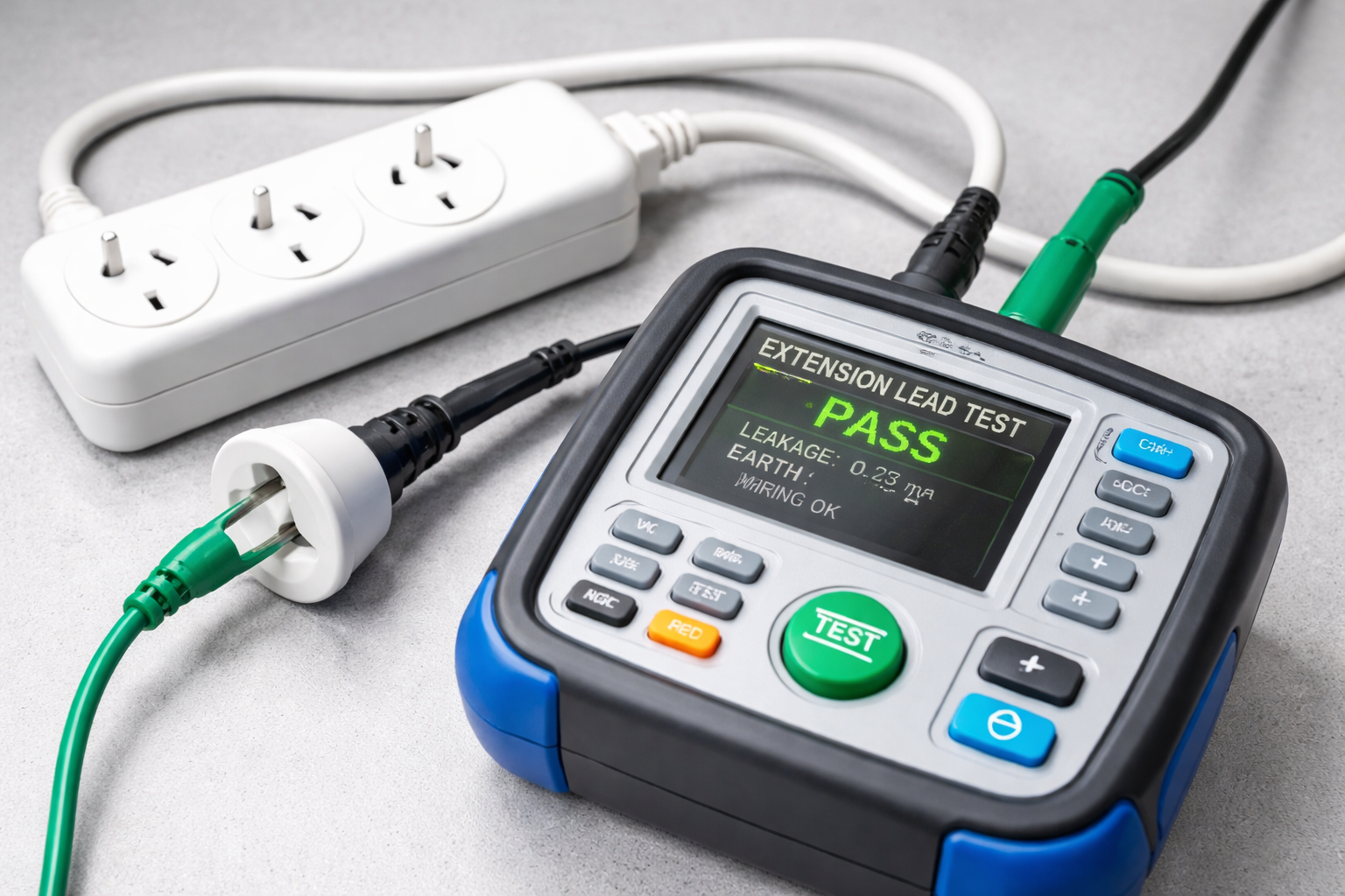 Electrical safety tester connected to a power strip; shows 