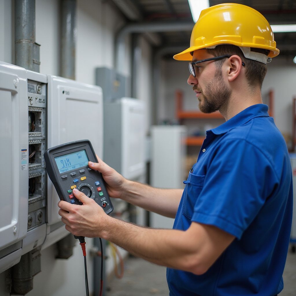Electrician in a blue uniform and yellow hard hat using a multimeter on electrical equipment.