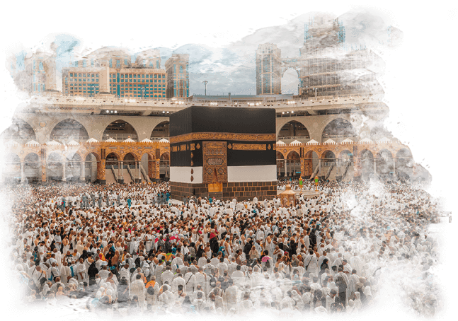 A crowd of people are gathered in front of the kaaba in mecca.