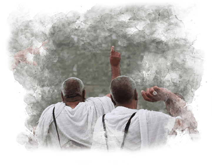 Two men in white robes are standing next to each other with their hands in the air.