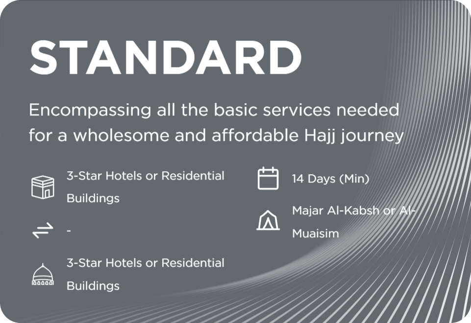 A card that says standard encompasses all the basic services needed for a wholesome and affordable hajj journey.