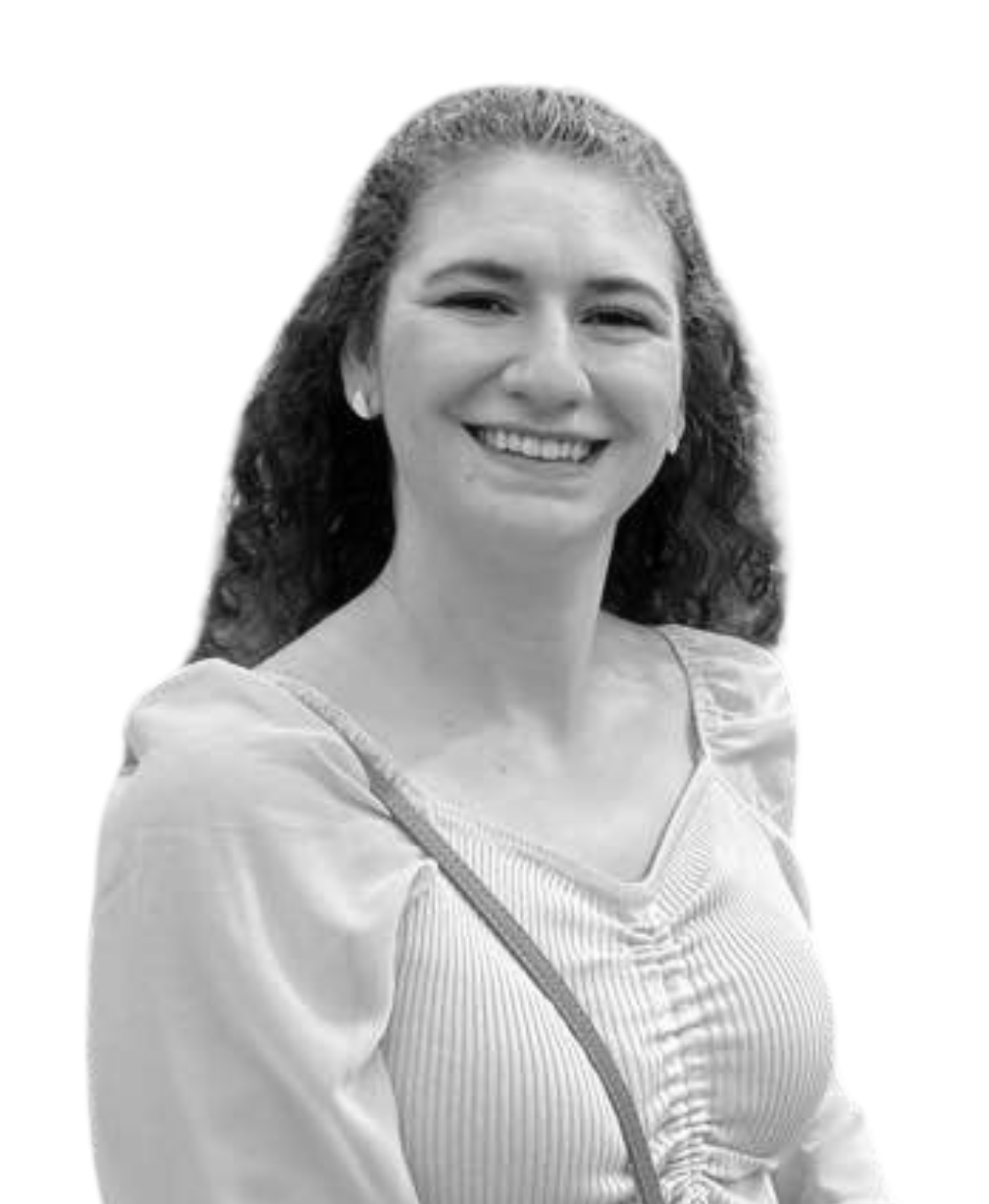 A woman is smiling in a black and white photo.