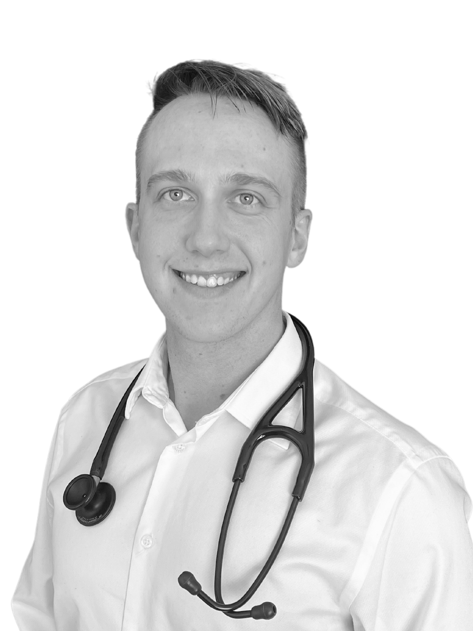 A man wearing a stethoscope around his neck is smiling in a black and white photo.