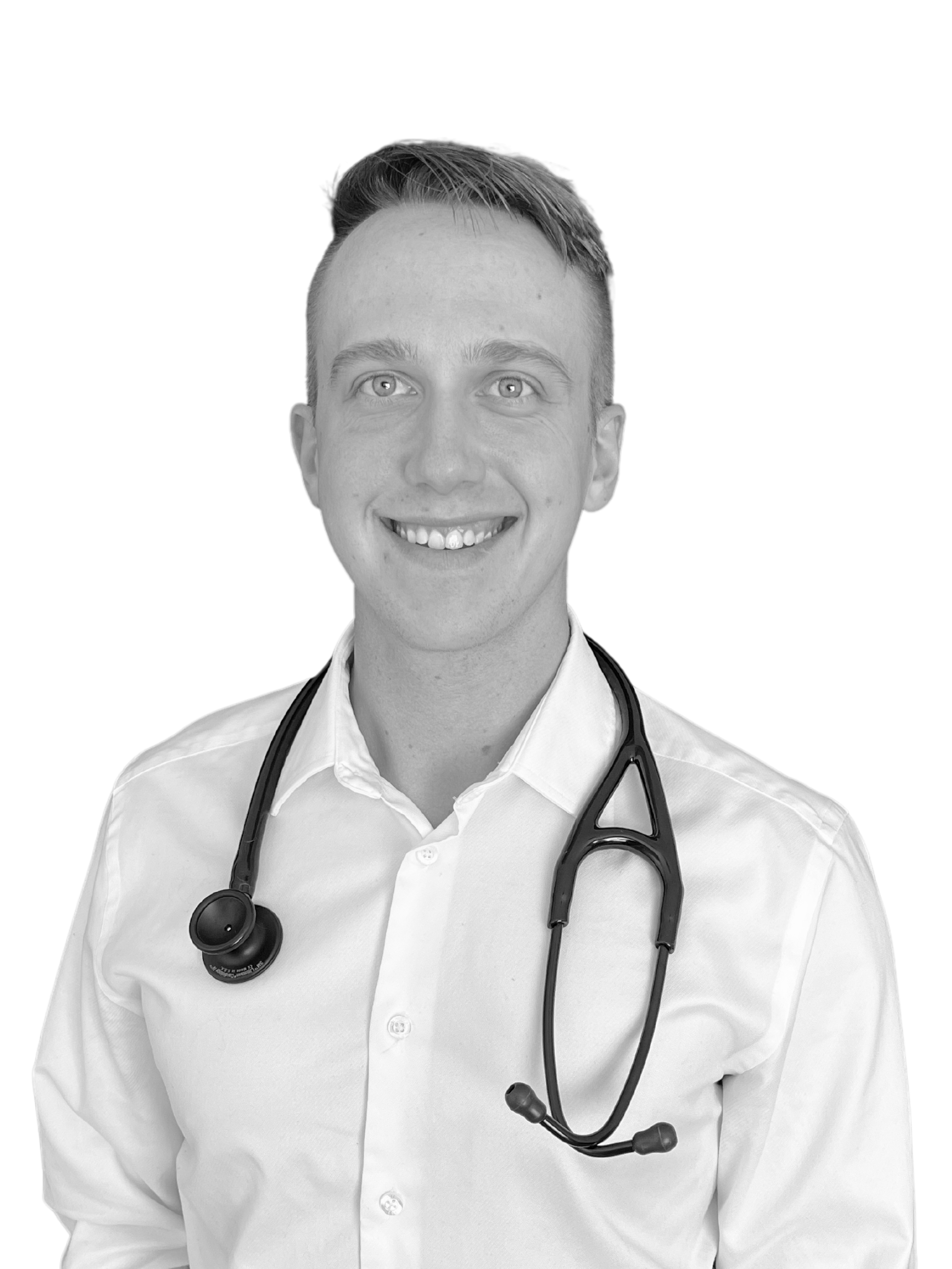 A man wearing a white shirt and a stethoscope around his neck.