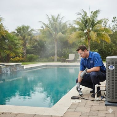HVAC technician beside a pool, inspecting equipment. He wears a blue uniform and safety glasses, outdoor setting.