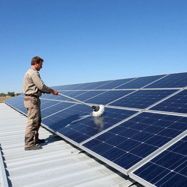 Worker cleaning solar panels on a rooftop under a clear blue sky.