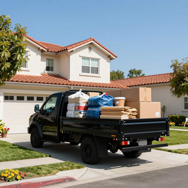 Black flatbed truck loaded with moving boxes and furniture parked in front of a suburban house