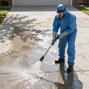 Worker in blue protective gear pressure-washing a driveway with a spray wand