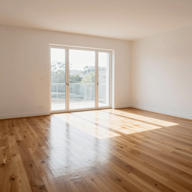 Empty sunlit room with hardwood floors and sliding glass doors opening to a balcony.