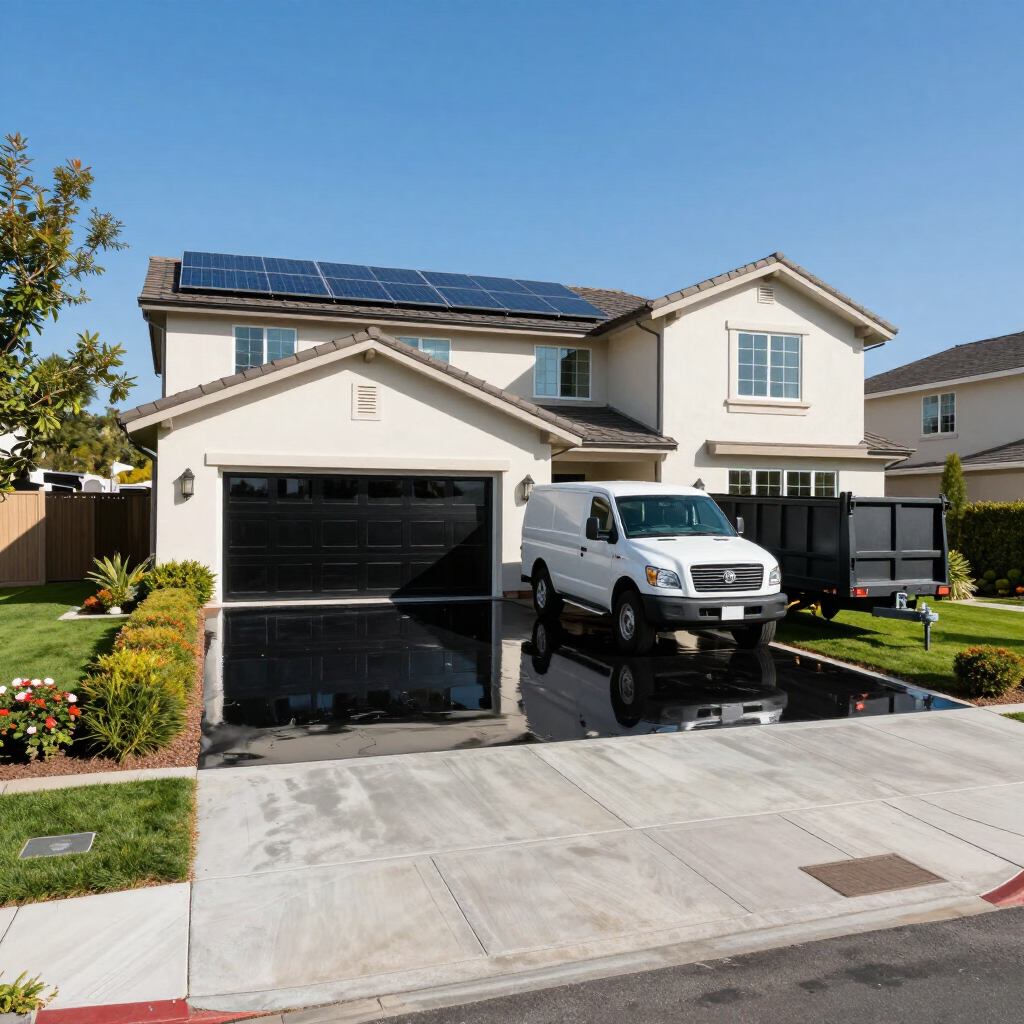 Two-story suburban house with solar panels, open garage, and white pickup truck in the driveway