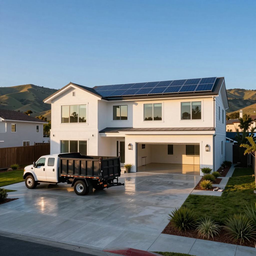 Modern two-story white house with solar panels and a truck parked in the driveway at sunset