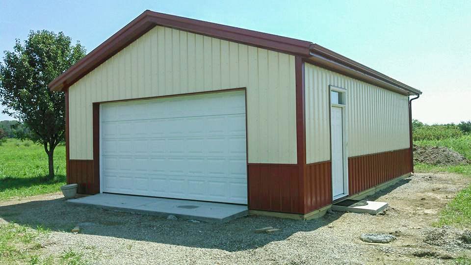 red and tan equipment shed