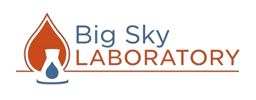 Logo for Big Sky Laboratory: teardrop with a vial, name below.