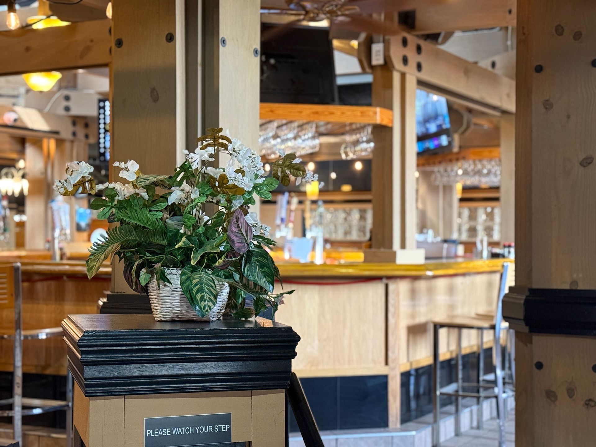 A potted plant is sitting on a table in a restaurant.