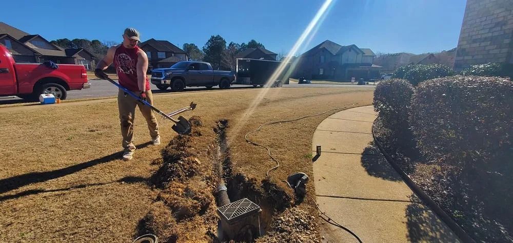 Man digging a trench in a lawn near a sidewalk. Red truck and houses in the background. Bright, sunny day.