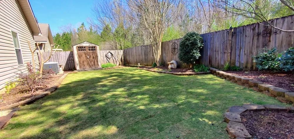 Backyard with green grass, wooden fence, and shed, under a blue sky.