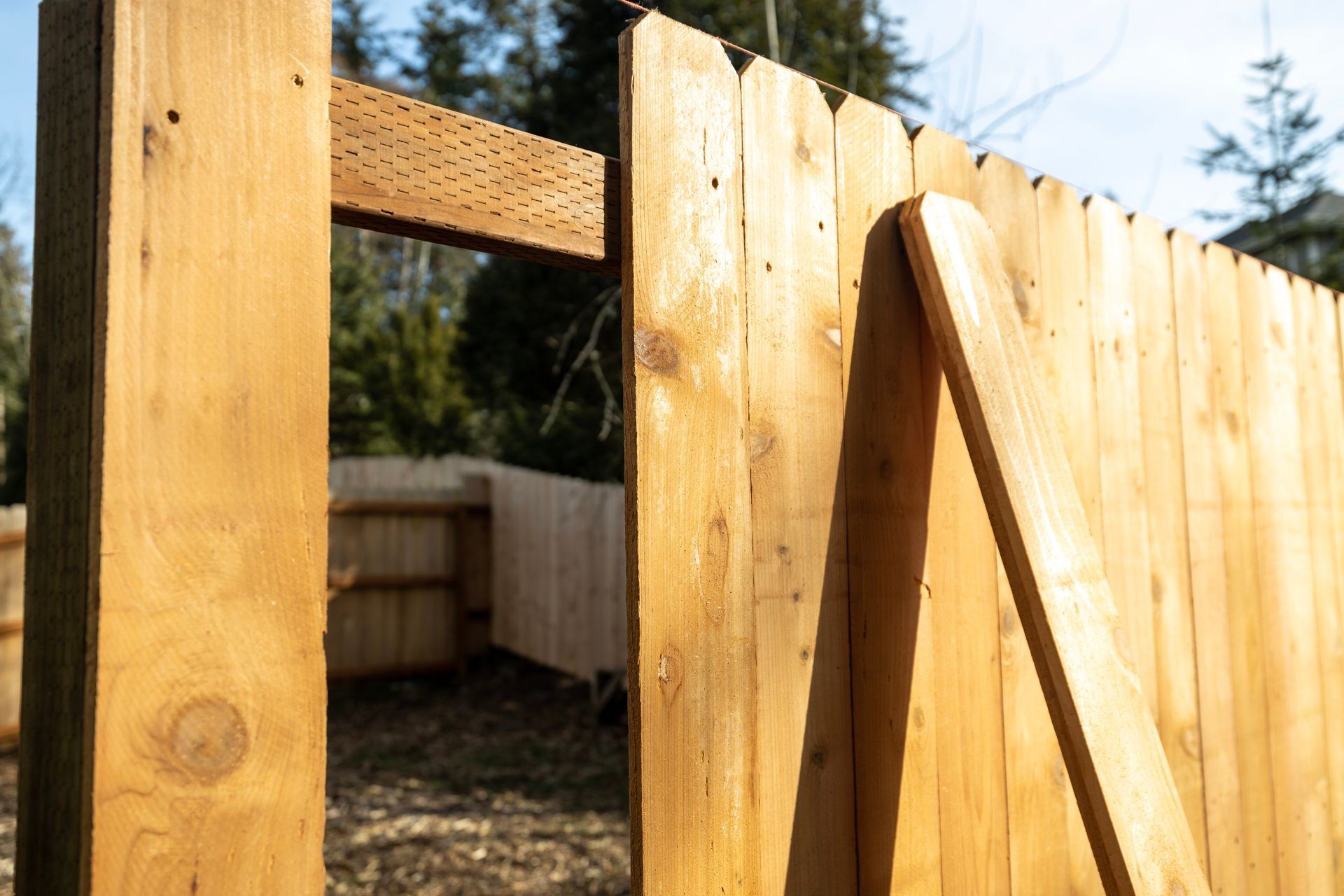 Wooden fence gate, unfinished planks, open to a backyard on a sunny day.