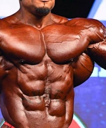 Close-up of bodybuilder with tanned skin, displaying defined chest and abdominal muscles.