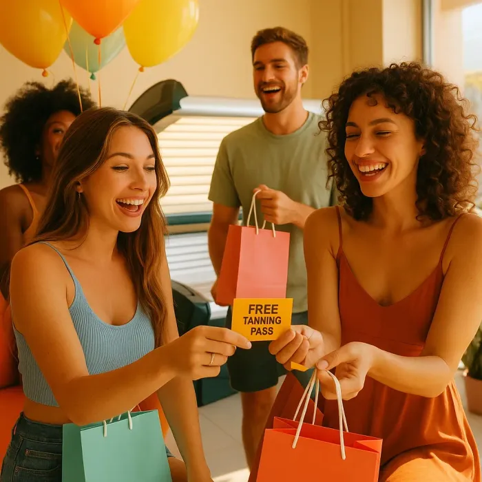 People smiling, exchanging gifts, one holding a 