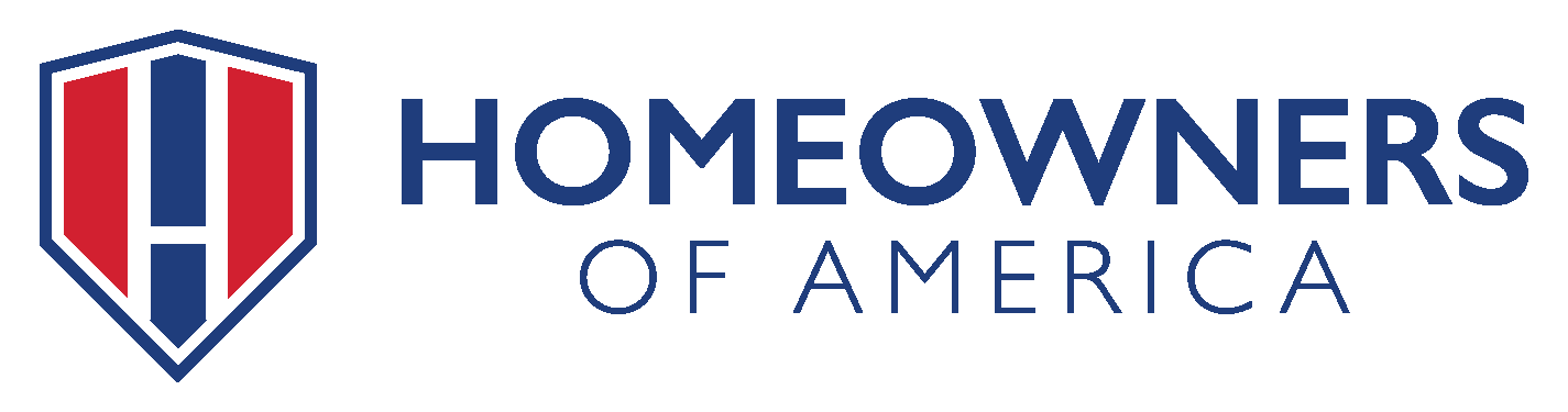 Homeowners of America logo. Shield with red and blue stripes, dark blue text.