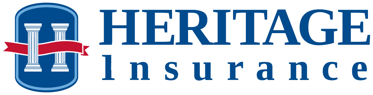 Heritage Insurance logo: blue shield with columns and a red ribbon, with 