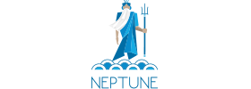 Logo of Neptune, a blue figure with a trident, on a wave-like design; the word 