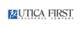 Utica First Insurance Company logo with blue square and stylized 