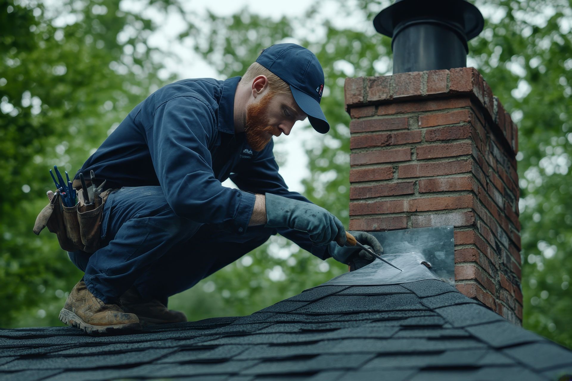Person on a chimney top, using a tool. Overcast sky, roof in foreground.