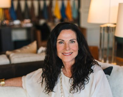 Mary Wright chooses from a selection of fabrics in neutral tomes
