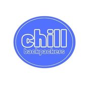 A blue logo for chill backpackers on a white background