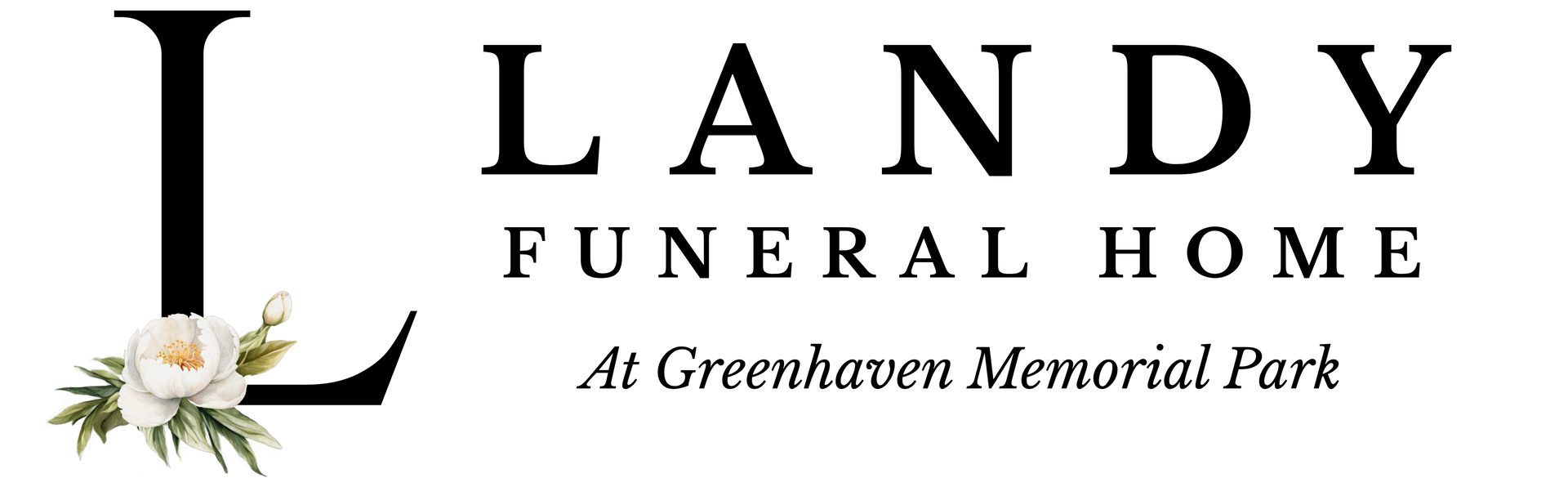 Landy Funeral Home logo with white flowers on a pale green background, at Greenhaven Memorial Park