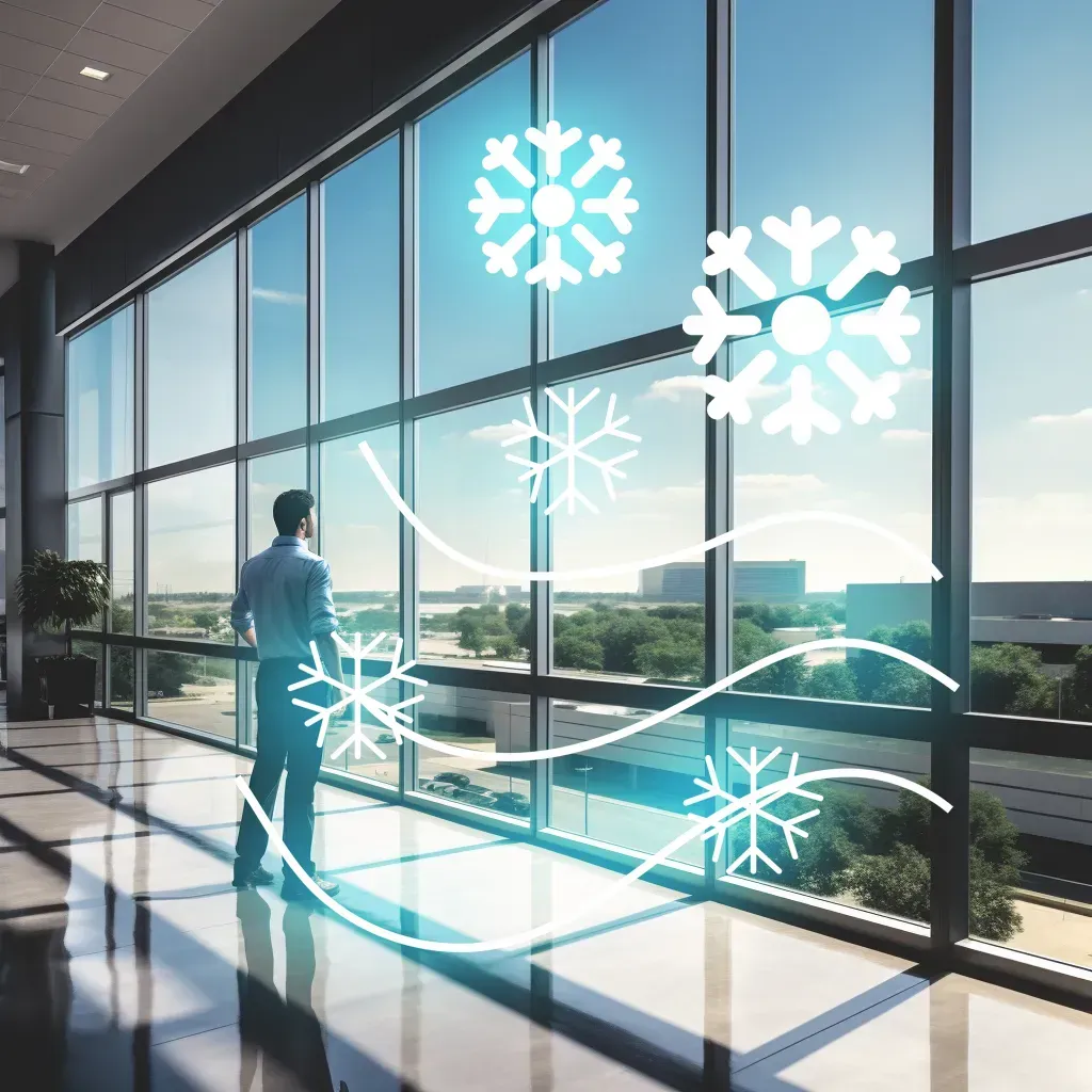 a man stands in front of a window with snowflakes drawn on it