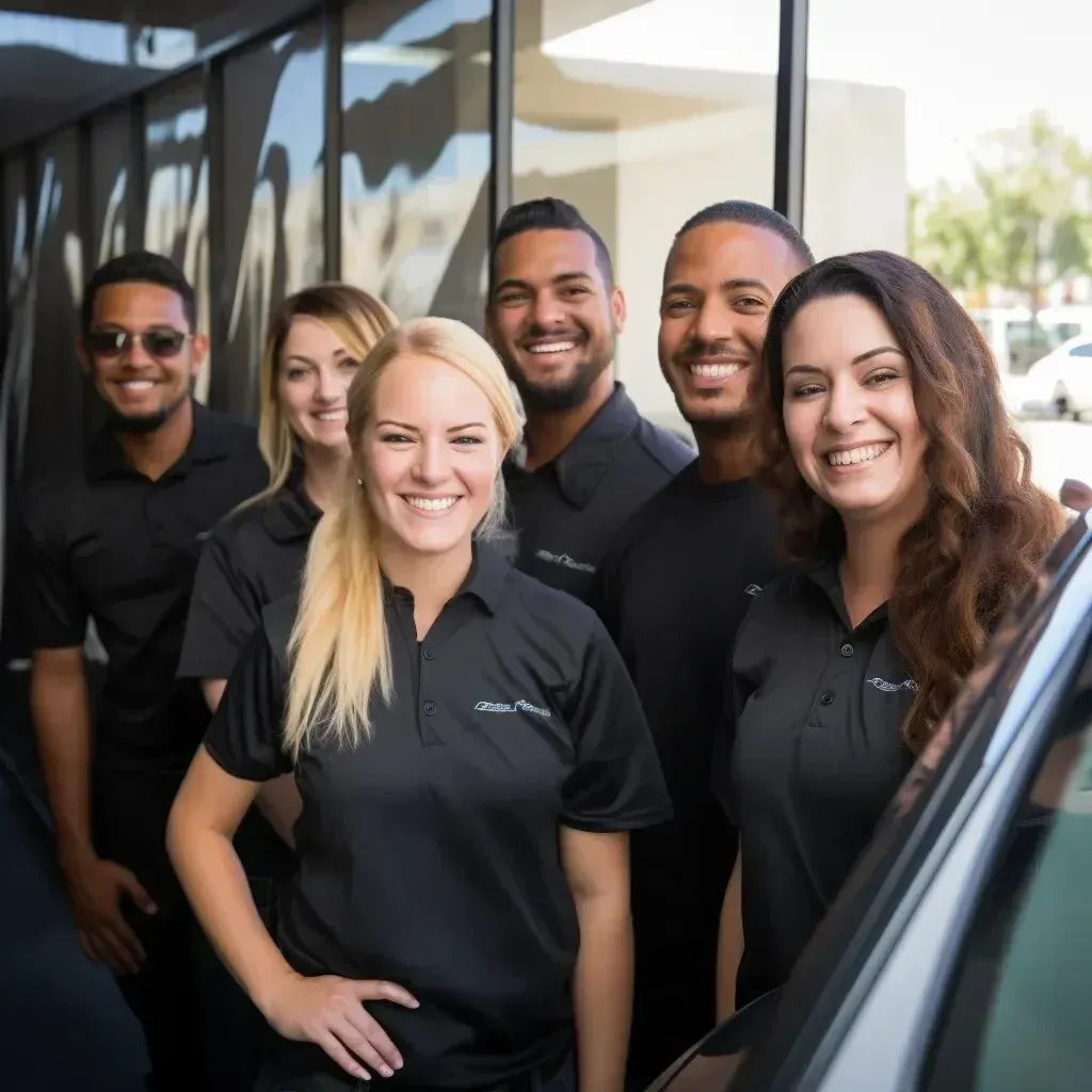 Window Tinting Service-Group of smiling people in black shirts standing near a car in front of a building.