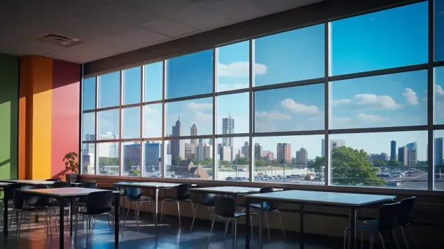 Window Tinting Service tables and chairs in a room with a view of a city skyline