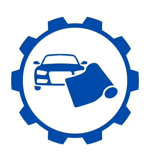 Automotive Window Tinting Window Tinting Service-Blue gear with a car and a roll of material inside, likely car wrapping.