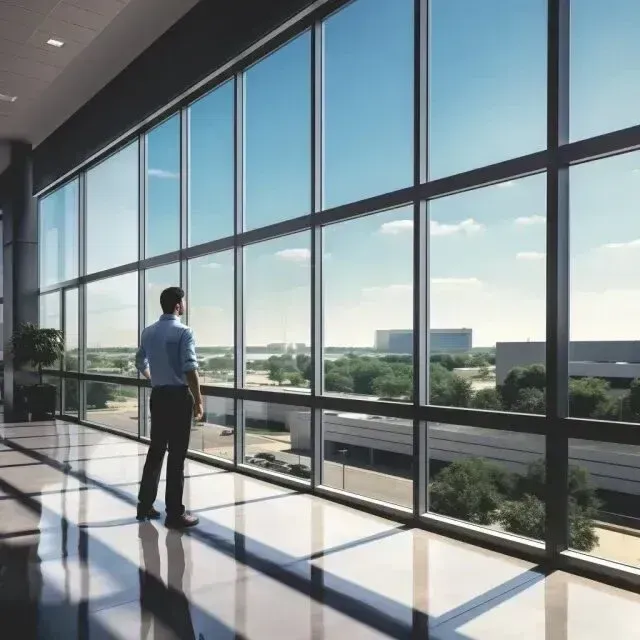 Window Tinting Service - a man stands in front of a large window looking out