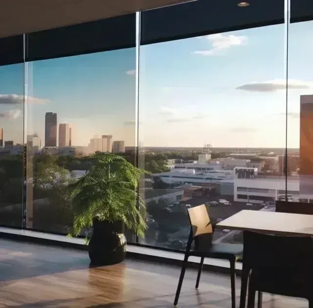 Window Tinting Service - a table and chairs in front of a window with a view of a city