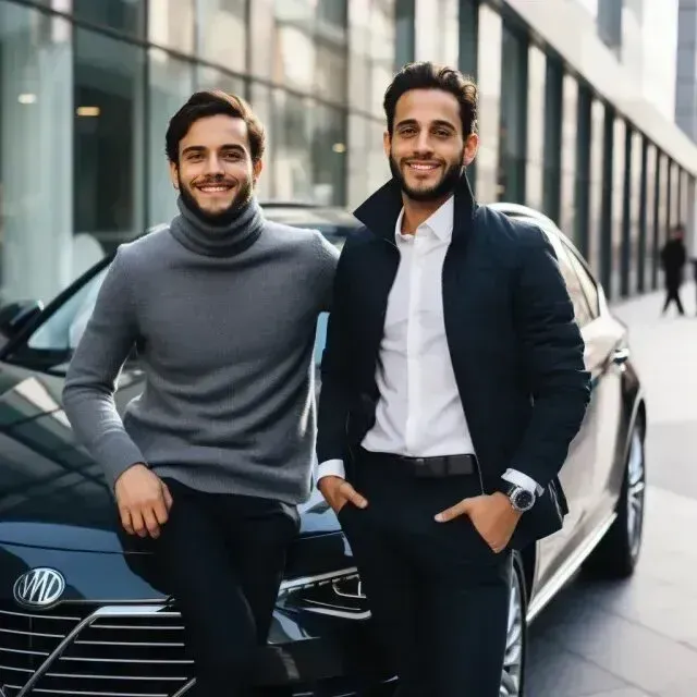 Window Tinting Service - two men are posing in front of a car that says mg on the front
