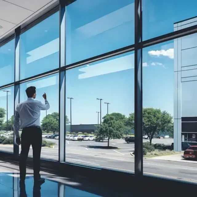 Window Tinting Service - a man stands in front of a large window looking out to a parking lot
