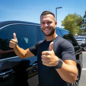 Window Tinting Service - A satisfied customer smiling in front of the camera