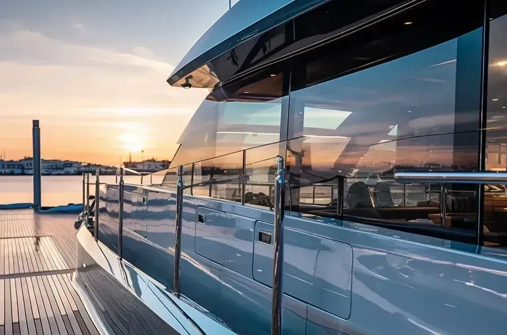 Window Tinting Service - a large yacht is docked in a marina at sunset with window tint film installed