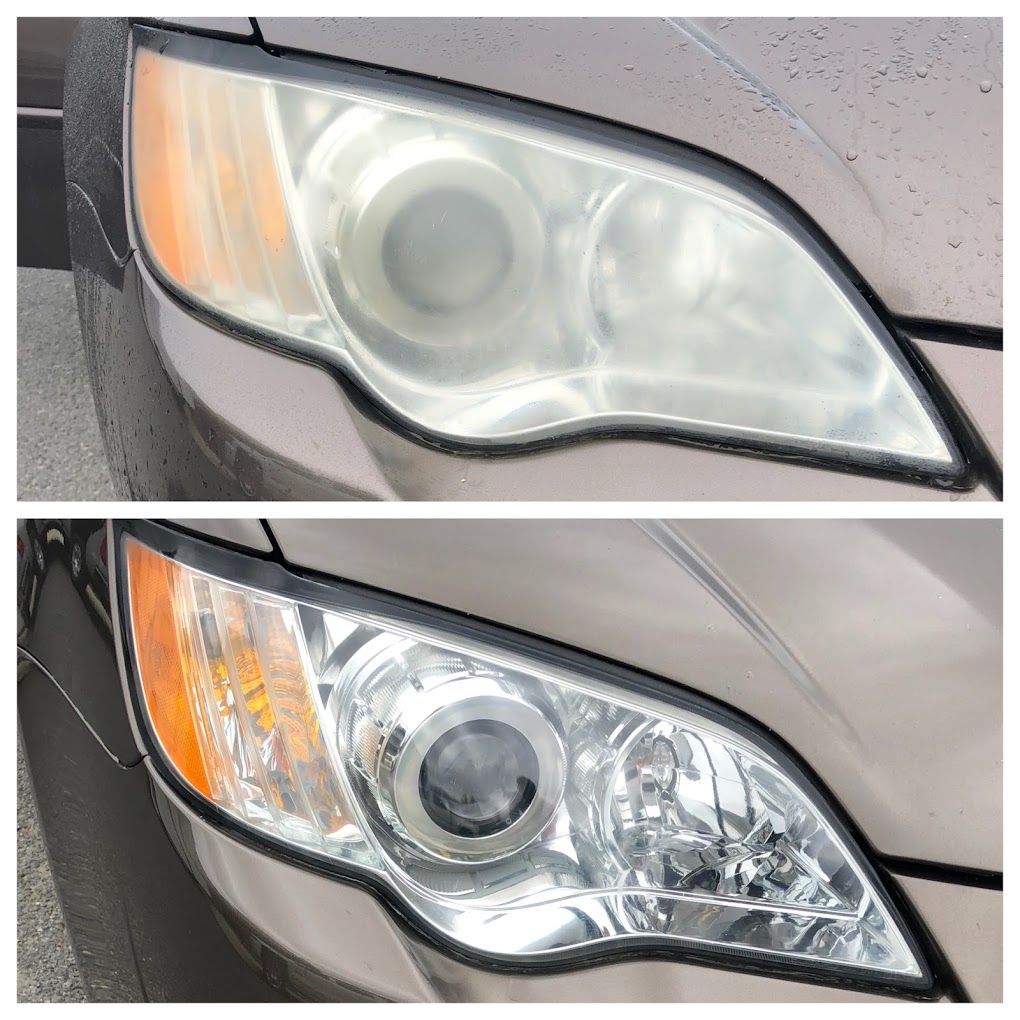 A before and after photo of a car 's headlights.