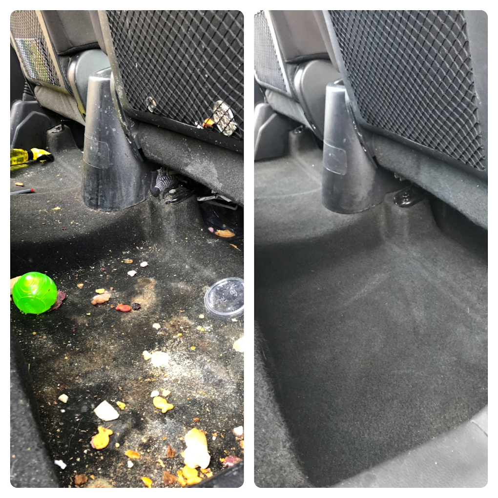 A before and after photo of a dirty car floor.