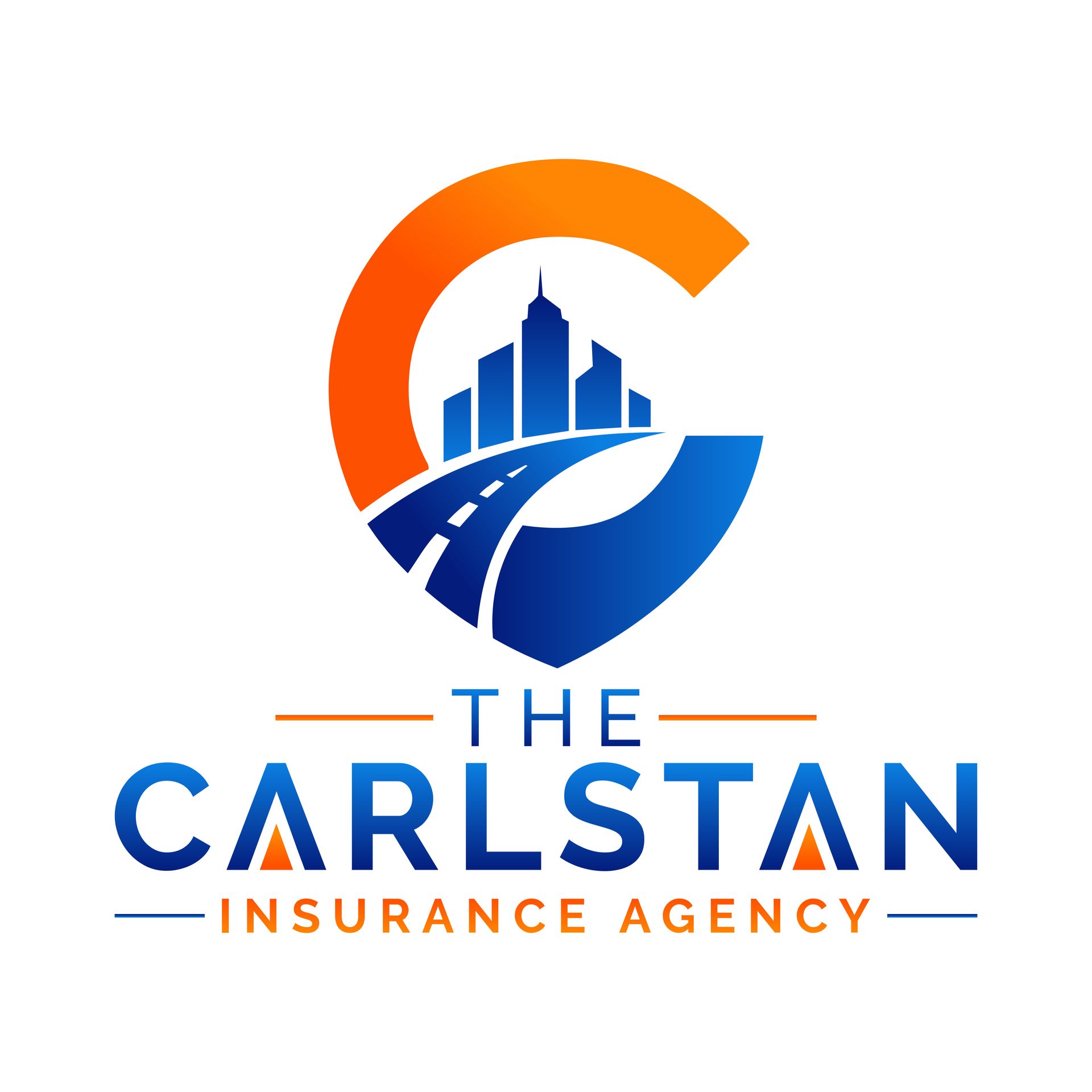 The Carlstan Insurance Agency logo &mdash; orange and blue "C" emblem with a New York city skyline and road, above the agency name in blue lettering