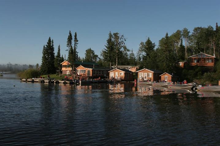 A view of Oak Lake Lodge from the lake. A fly-in fishing lodge in Ontario, Canada.