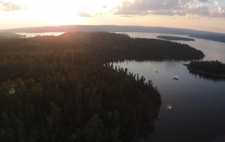 An aerial view of the forests, lakes, and rivers surrounding Oak Lake Lodge.