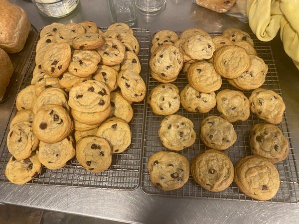A bunch of chocolate chip cookies are sitting on a cooling rack.