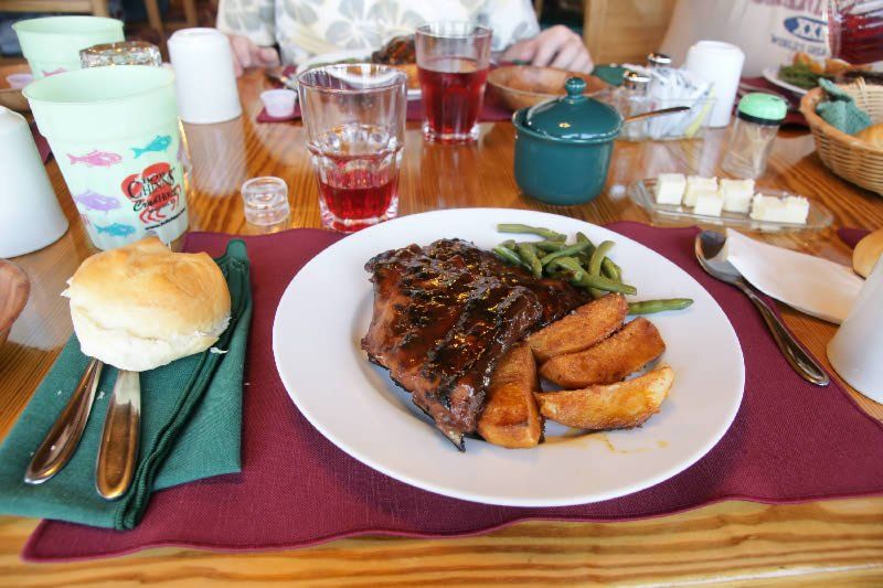 A meal of pork-back ribs served in the main dining room
